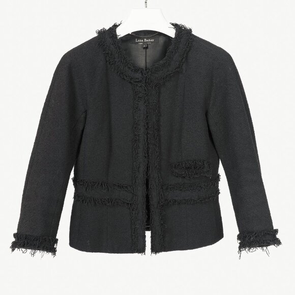 Lida Baday Black Boucle Tweed Fringe-Trim Jacket - Picture 1 of 8